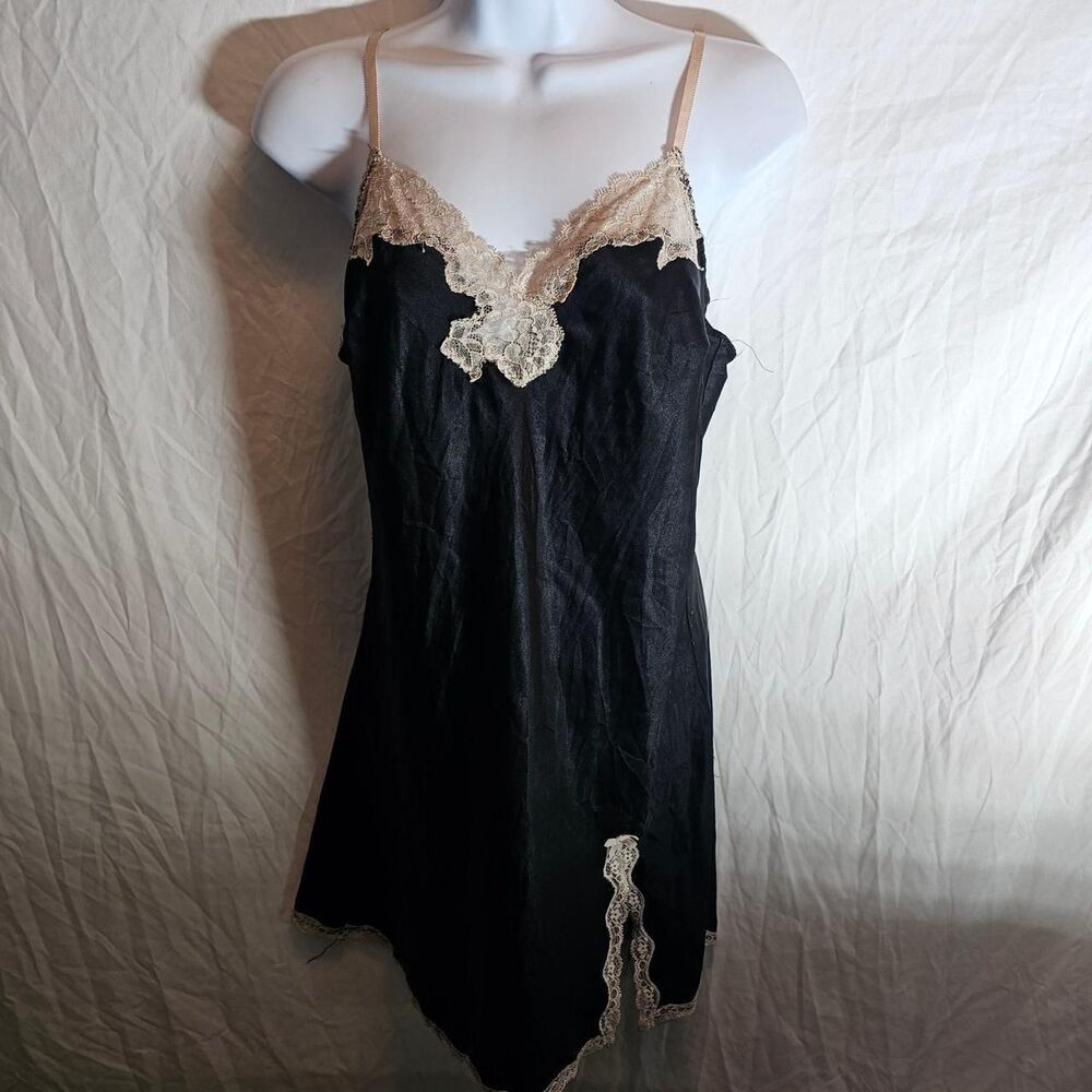 2014 victorias secret black satin slip dress with cream trim - Picture 2 of 6